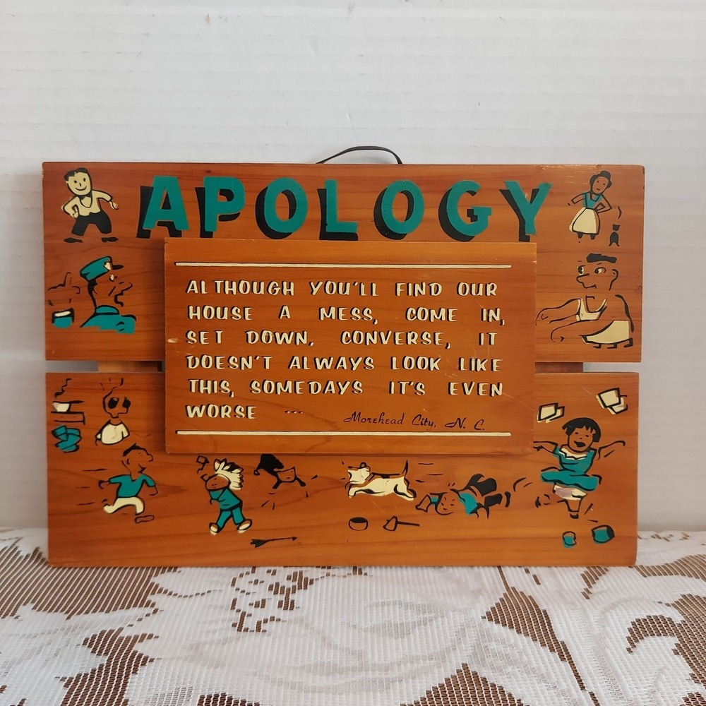 Vintage 1959 Wooden Apology Plaque Messy House Humor Morehead City NC Wall Decor